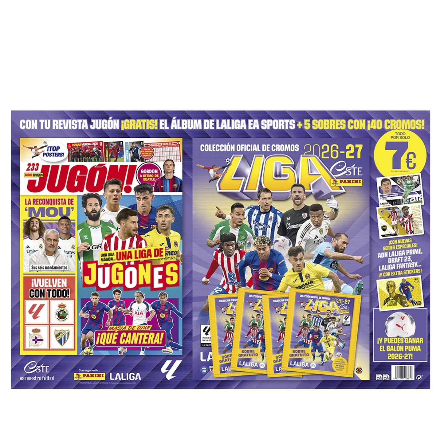 Álbum + Revista Jugón nº 233 + 5 sobres La Liga Este 2026 2027 - Panini Cromos