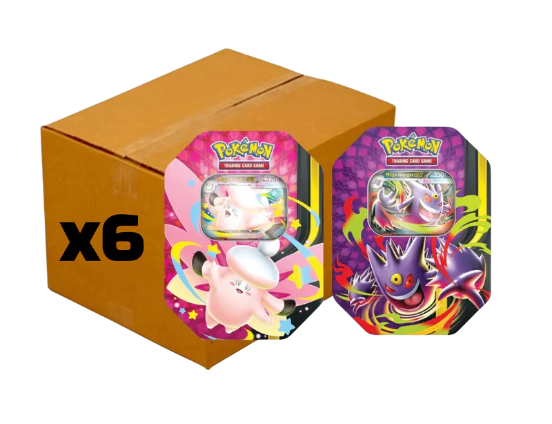 Case 6 latas Summer Tin EX de Mega Clefable y Mega Gengar ESPAÑOL - Pokémon TCG